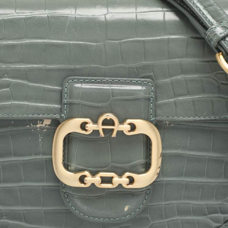 Pre Owned Aigner Green Croc Embossed Leather Celia Crossbody Bag