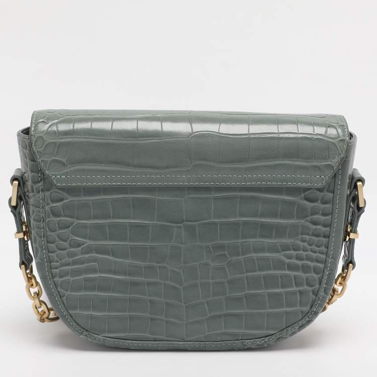 Pre Owned Aigner Green Croc Embossed Leather Celia Crossbody Bag