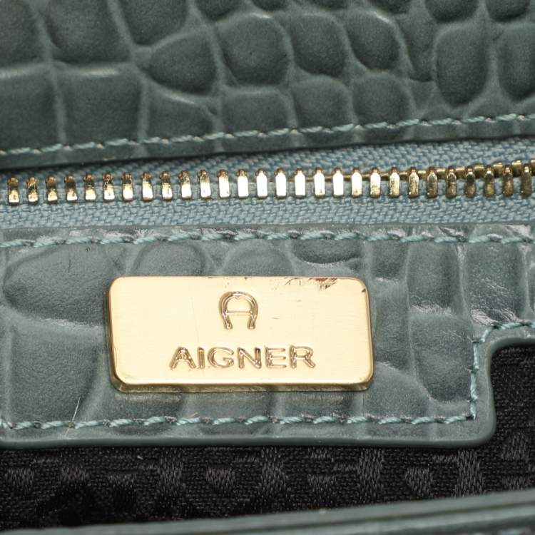 Pre Owned Aigner Green Croc Embossed Leather Celia Crossbody Bag