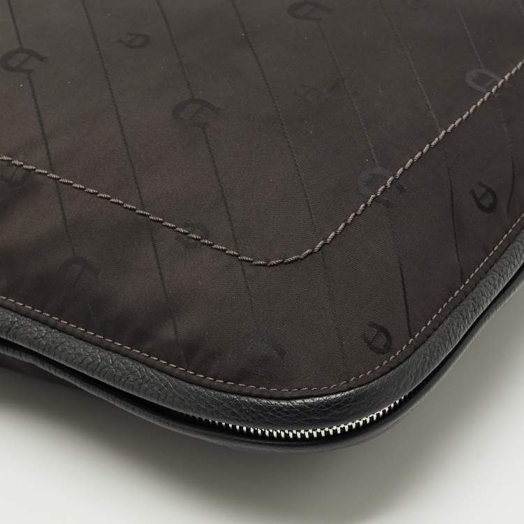 Pre Owned Aigner Dark Brown/Black Monogram Leather and Nylon Messenger Bag