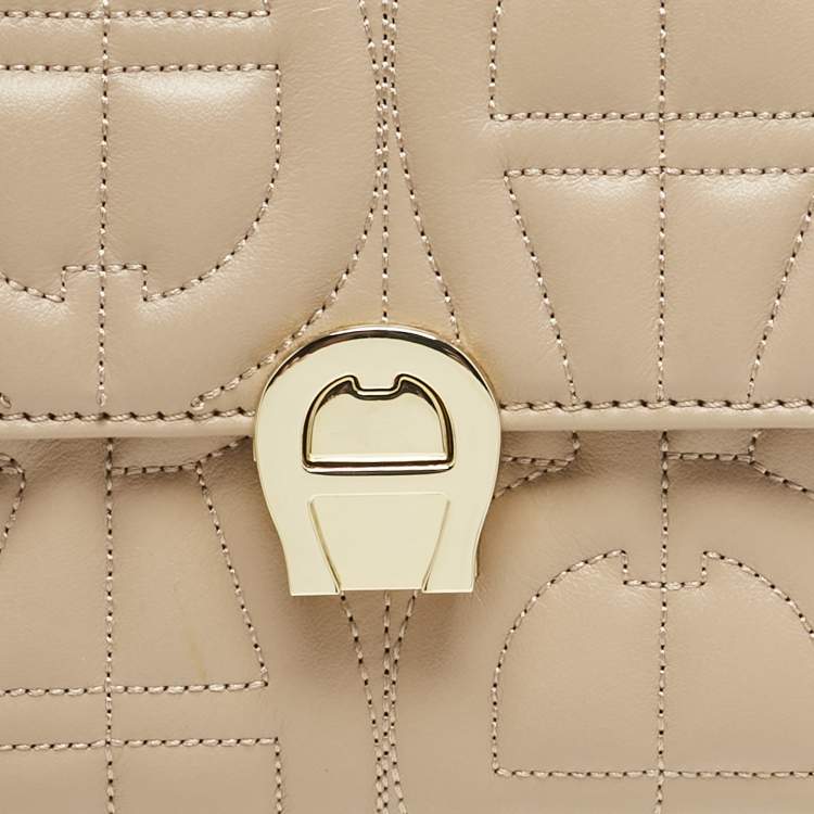 Pre Owned Aigner Beige Logo Embossed Leather Genoveva Belt Bag