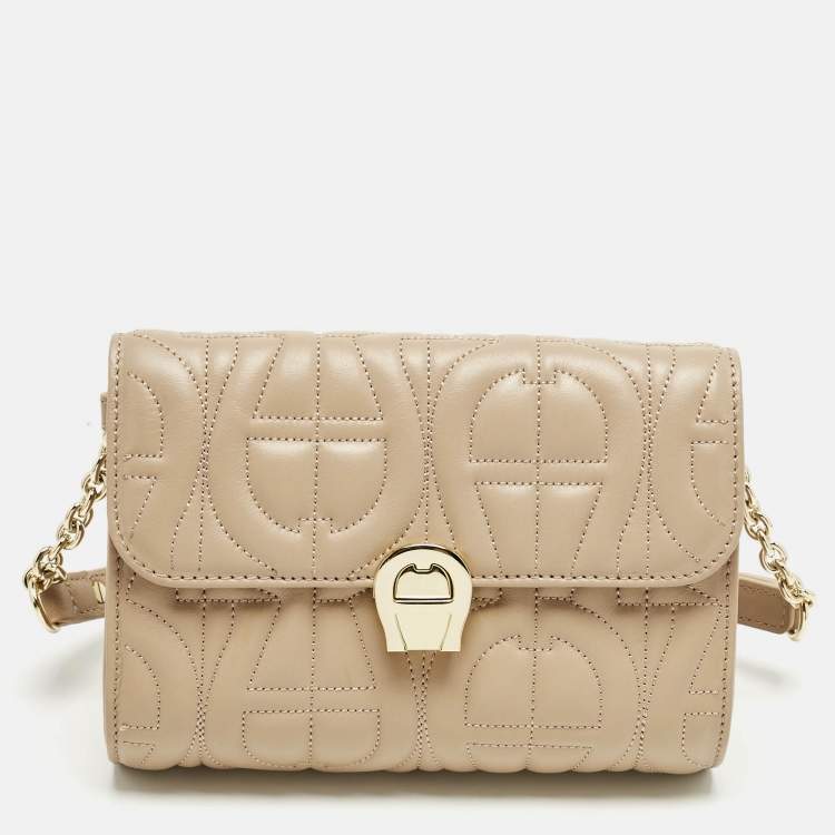 Pre Owned Aigner Beige Logo Embossed Leather Genoveva Belt Bag