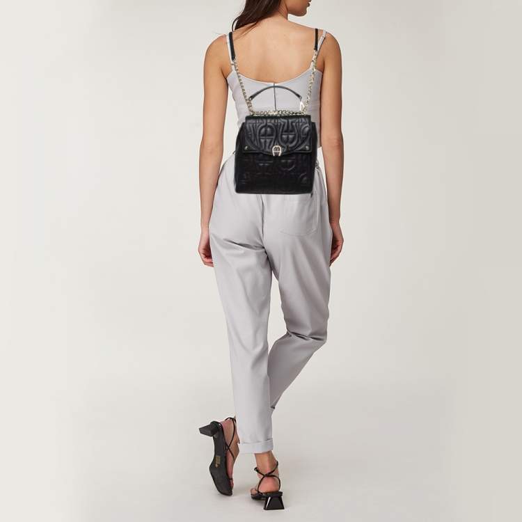 Pre Owned Aigner Black Logo Embroidered Leather Diadora Backpack