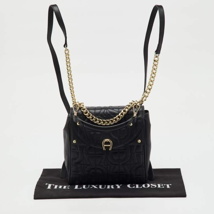 Pre Owned Aigner Black Logo Embroidered Leather Diadora Backpack