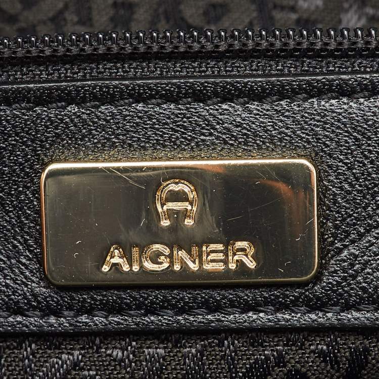 Pre Owned Aigner Black Logo Embroidered Leather Diadora Backpack
