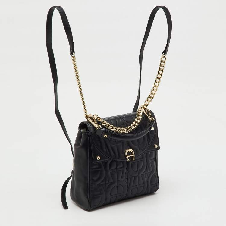 Pre Owned Aigner Black Logo Embroidered Leather Diadora Backpack