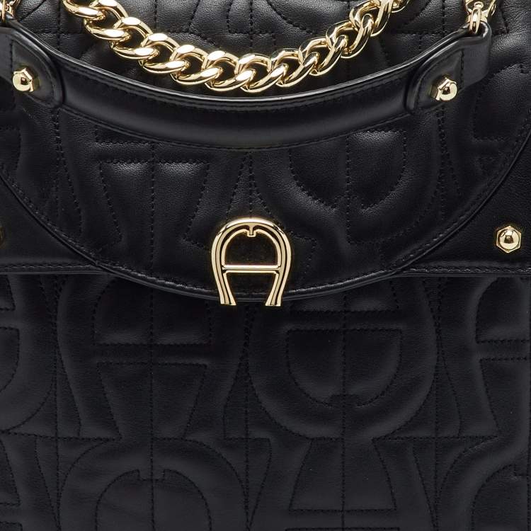 Pre Owned Aigner Black Logo Embroidered Leather Diadora Backpack