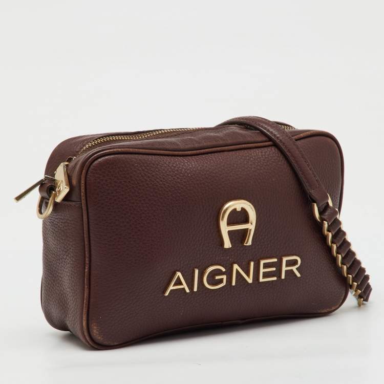 Pre Owned Aigner Burgundy Leather Bombe A Camera Crossbody Bag