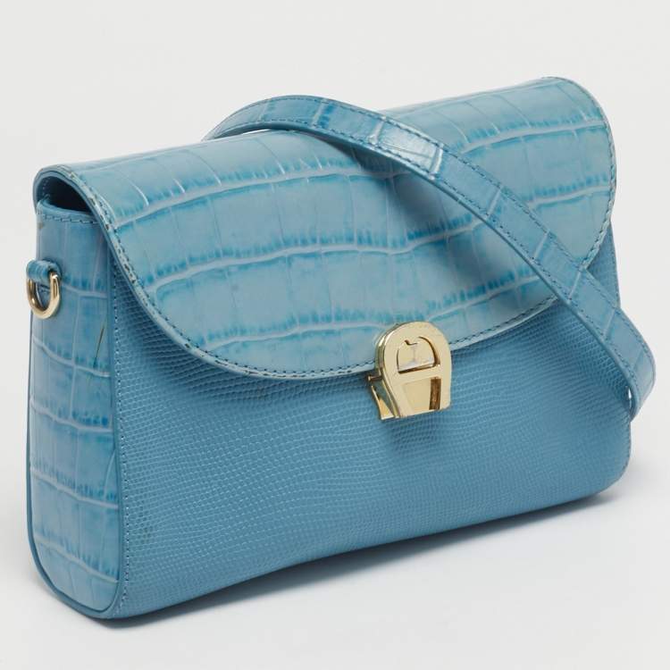 Pre Owned Aigner Light Turquoise Croc and Lizard Embossed Genoveva Shoulder Bag