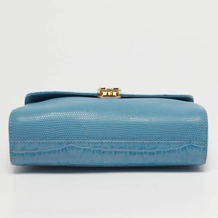 Pre Owned Aigner Light Turquoise Croc and Lizard Embossed Genoveva Shoulder Bag