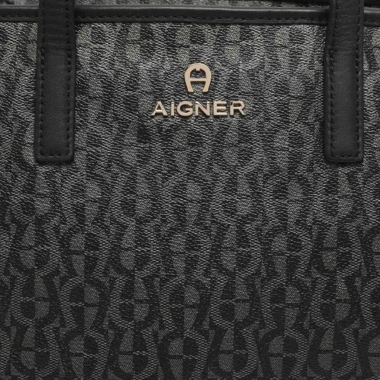 Pre Owned Aigner Black/Grey Signature Coated Canvas Shopper Tote