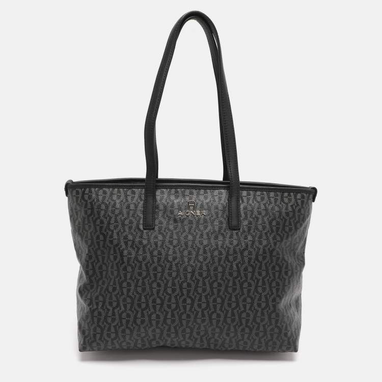 Pre Owned Aigner Black/Grey Signature Coated Canvas Shopper Tote