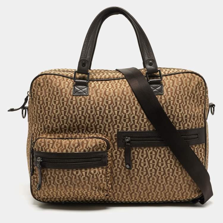 Pre Owned حقيبة لابتوب أيغنر جلد وكانفاس بالشعار بيج/بني داكن