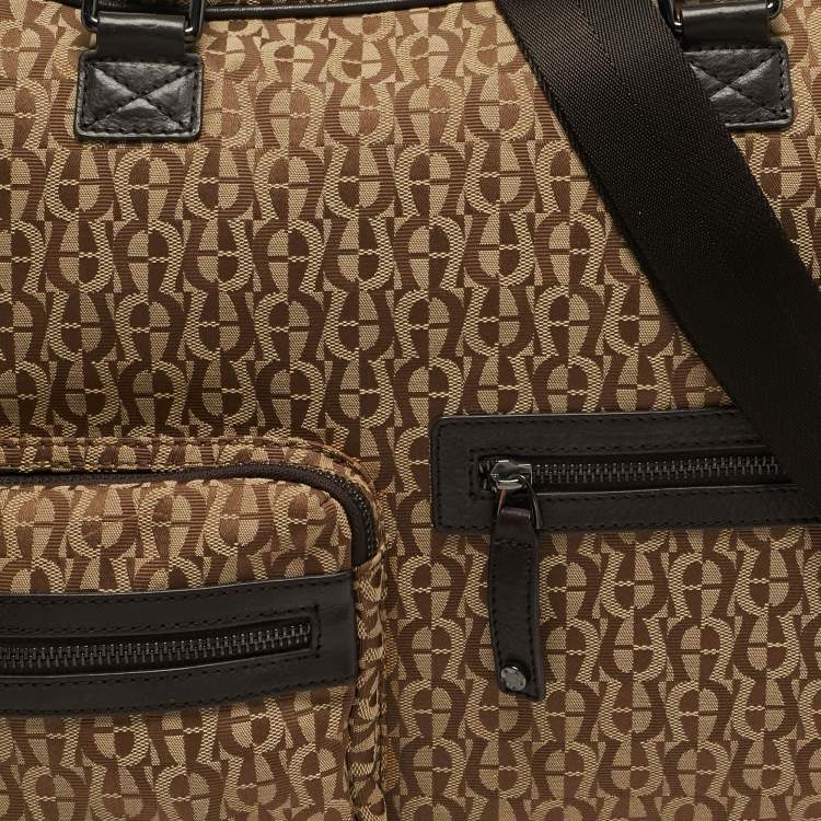 Pre Owned حقيبة لابتوب أيغنر جلد وكانفاس بالشعار بيج/بني داكن