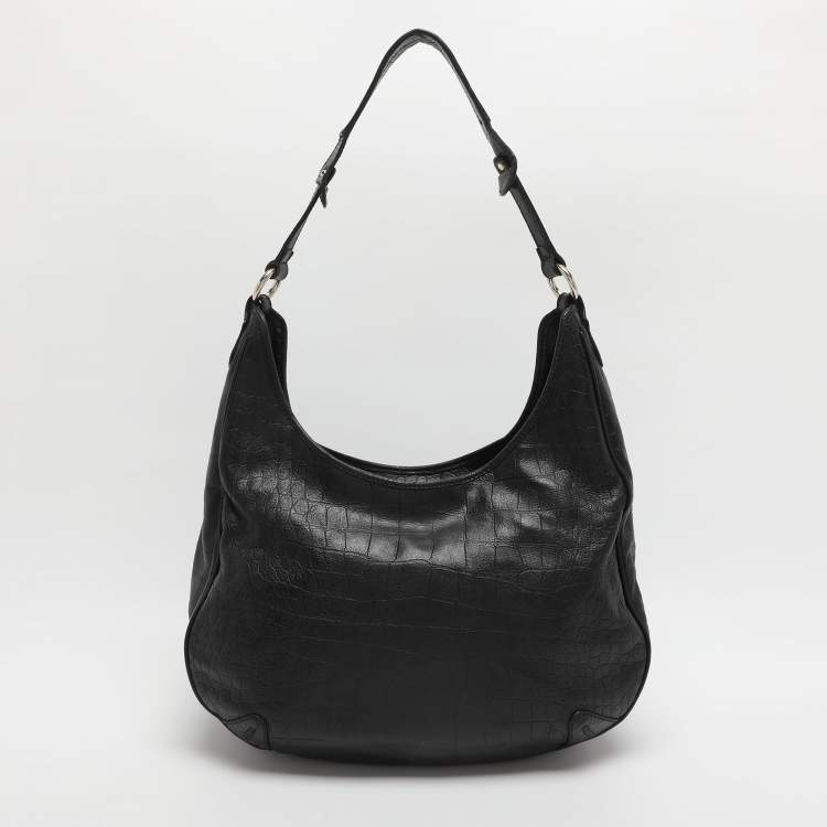 Pre Owned Aigner Black Croc Embossed Leather Hobo