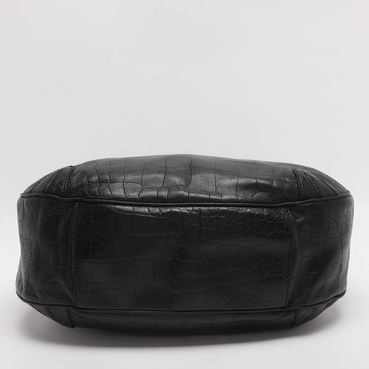 Pre Owned Aigner Black Croc Embossed Leather Hobo