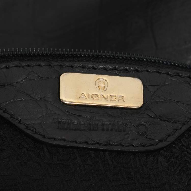 Pre Owned Aigner Black Croc Embossed Leather Hobo