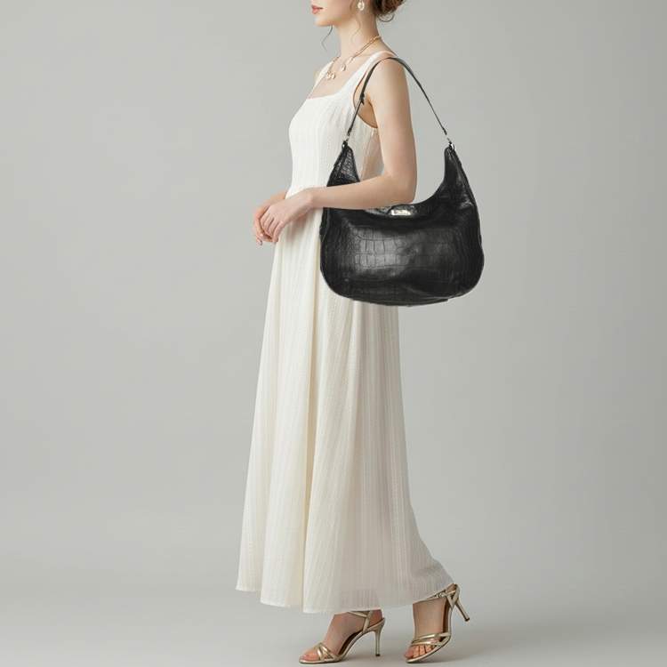 Pre Owned Aigner Black Croc Embossed Leather Hobo