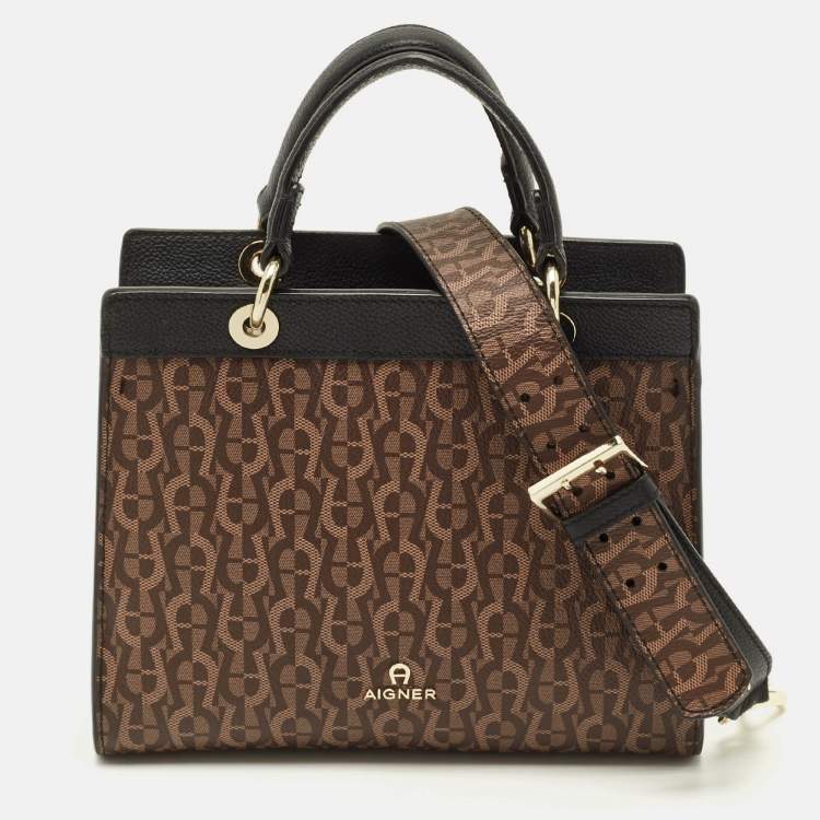 Pre Owned Aigner Carol Brown/Black Signature Coated Canvas Top Handle Bag