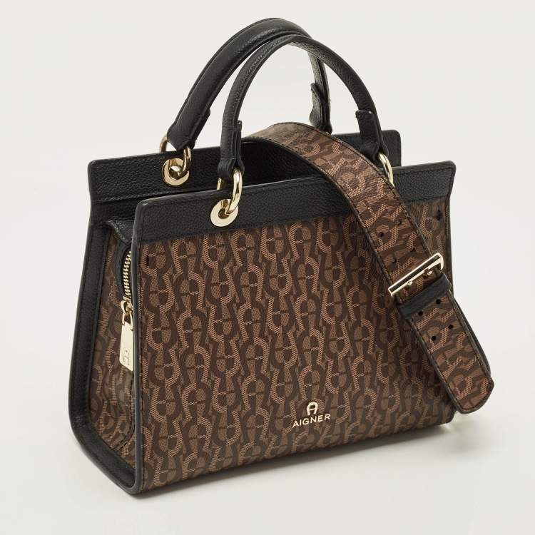 Pre Owned Aigner Carol Brown/Black Signature Coated Canvas Top Handle Bag