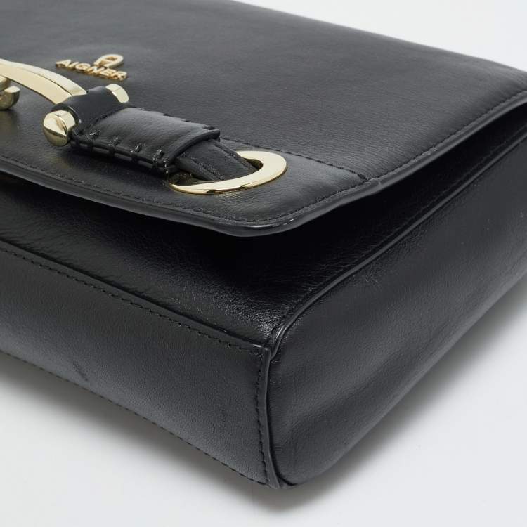 Pre Owned Aigner Black Leather Flap Shoulder Bag