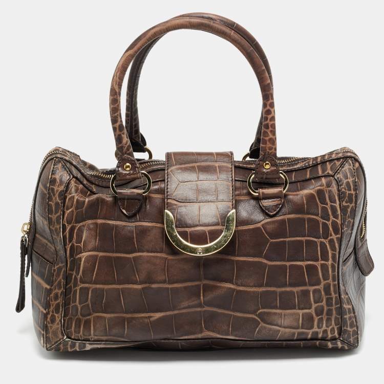 Pre Owned Aigner Brown Croc Embossed Leather Zip Satchel