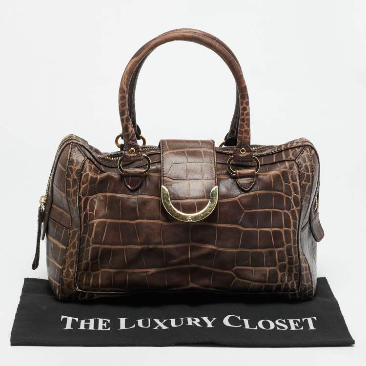 Pre Owned Aigner Brown Croc Embossed Leather Zip Satchel