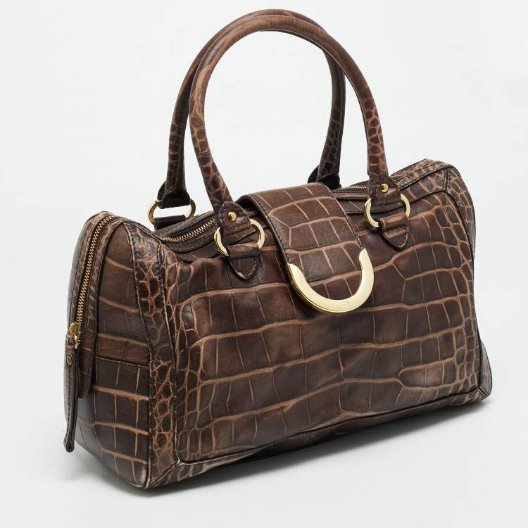 Pre Owned Aigner Brown Croc Embossed Leather Zip Satchel