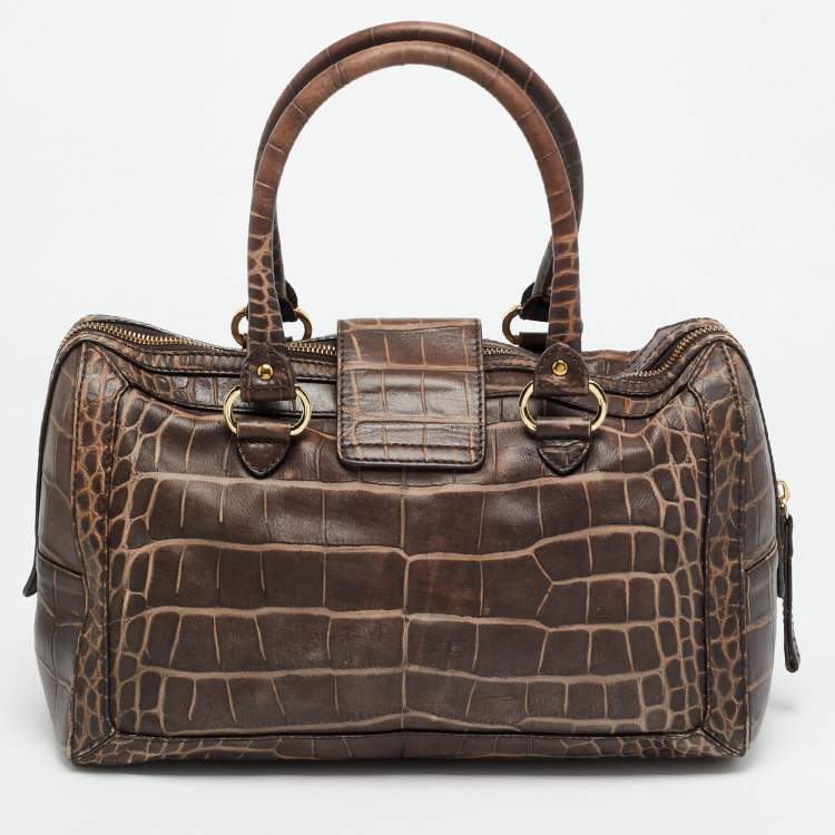 Pre Owned Aigner Brown Croc Embossed Leather Zip Satchel