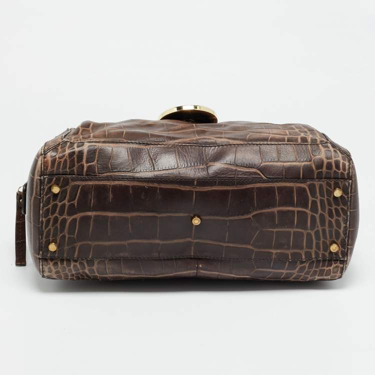 Pre Owned Aigner Brown Croc Embossed Leather Zip Satchel