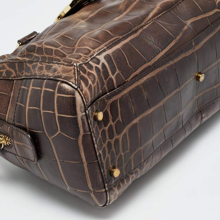 Pre Owned Aigner Brown Croc Embossed Leather Zip Satchel
