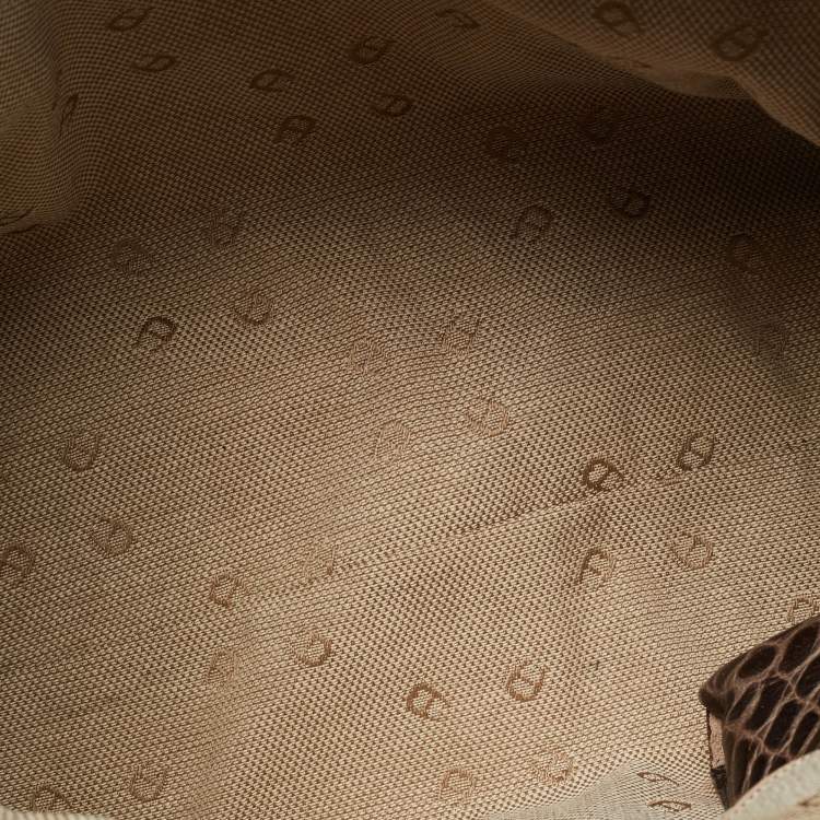 Pre Owned Aigner Brown Croc Embossed Leather Zip Satchel