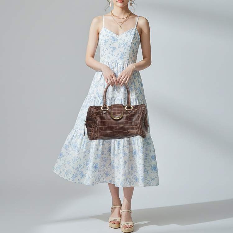 Pre Owned Aigner Brown Croc Embossed Leather Zip Satchel