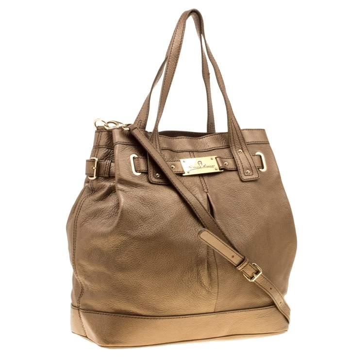 Pre Owned Aigner Metallic Brown Pebbled Leather Logo Tote