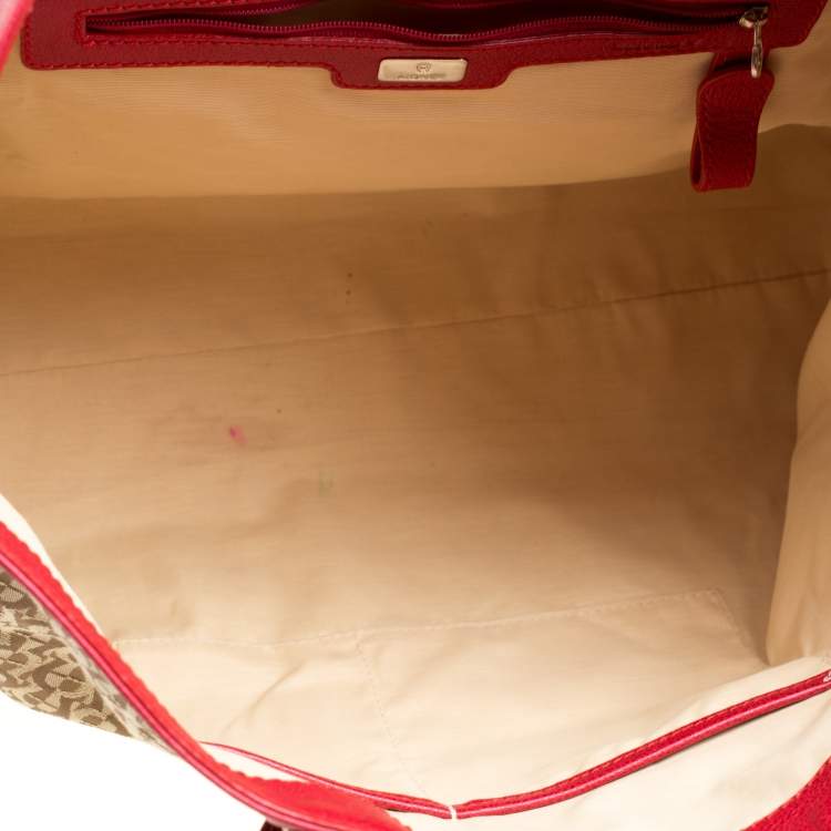 Pre Owned Aigner Beige/Red Signature Canvas Shopping Tote