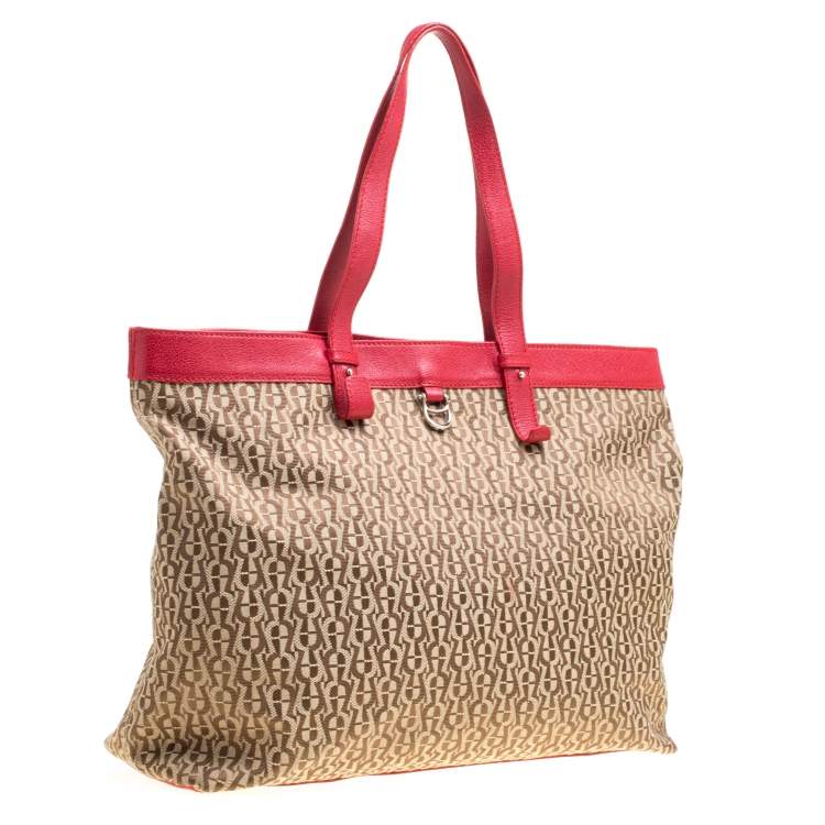 Pre Owned Aigner Beige/Red Signature Canvas Shopping Tote