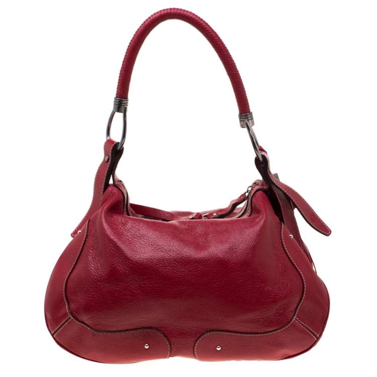 Pre Owned Aigner Red Leather Tassels Hobo 