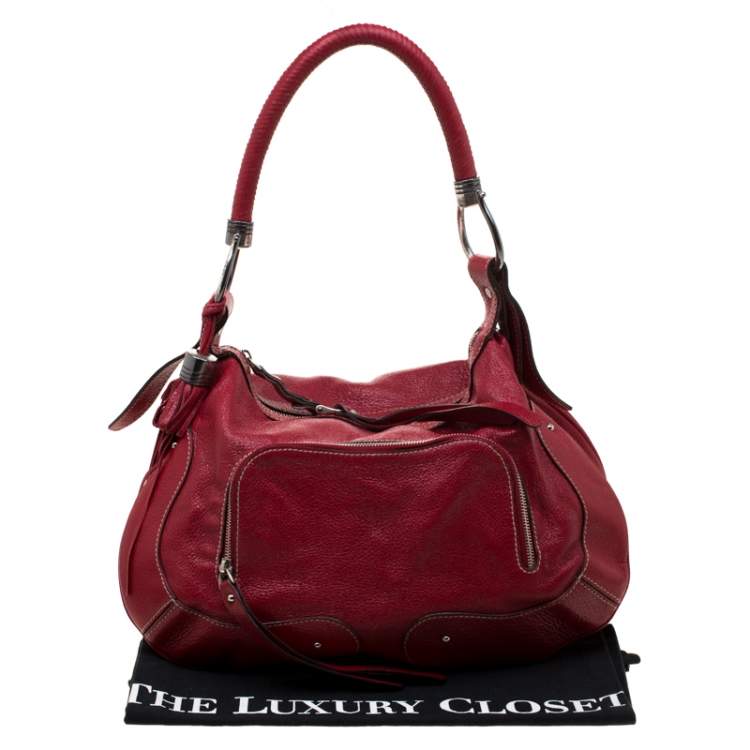 Pre Owned Aigner Red Leather Tassels Hobo 