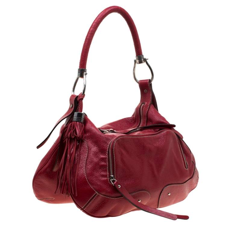 Pre Owned Aigner Red Leather Tassels Hobo 