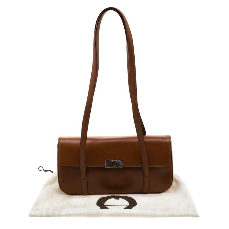 Pre Owned Aigner Brown Leather Flap Shoulder Bag