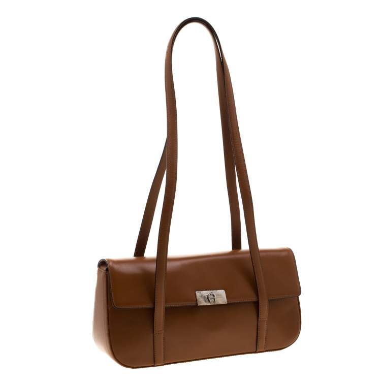 Pre Owned Aigner Brown Leather Flap Shoulder Bag