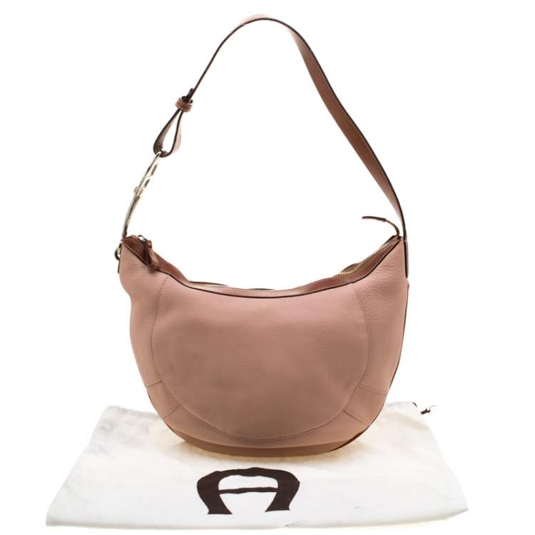 Pre Owned Aigner Pink/Brown Leather Logo Buckle Hobo