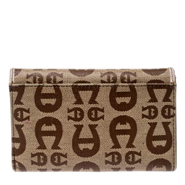 Pre Owned Aigner Beige Signature Coated Canvas Compact Wallet