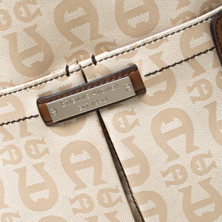 Pre Owned Aigner Beige/Brown Signature Coated Canvas and Leather Belted Tote