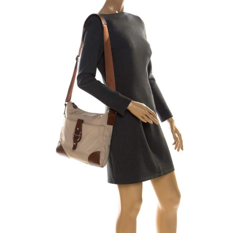 Pre Owned Aigner Beige/Brown Nylon and Leather Logo Buckle Crossbody Bag