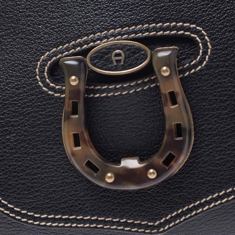 Pre Owned Aigner Black Leather Flap Shoulder Bag
