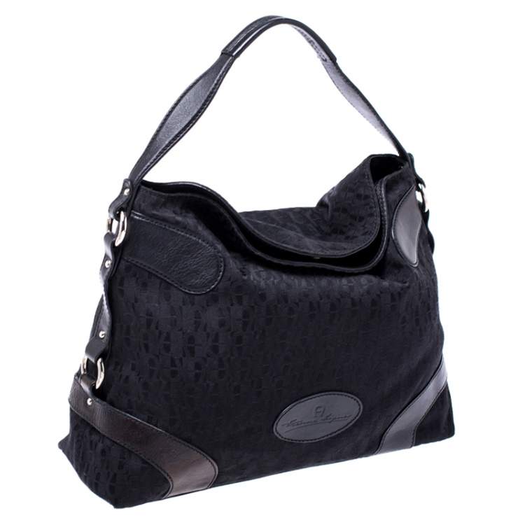 Pre Owned Aigner Black Monogram Canvas and Leather Hobo 