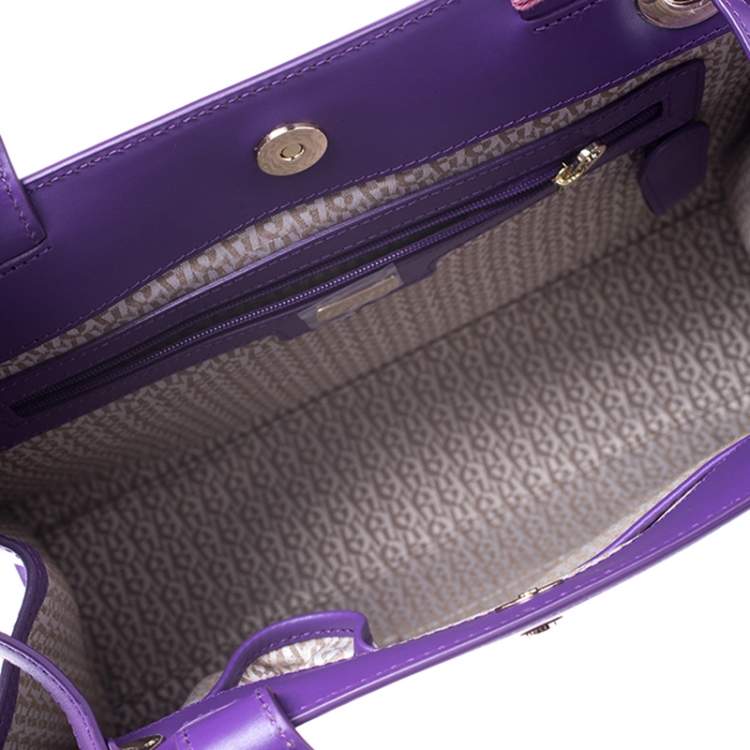 Pre Owned Aigner Purple Logo Embossed Leather Cavallina Tote