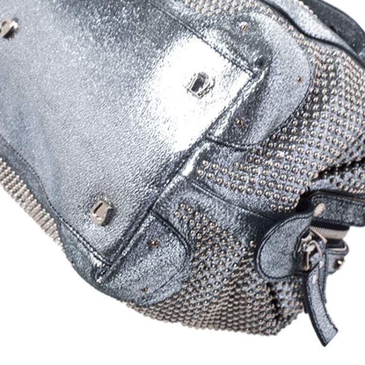 Pre Owned Aigner Metallic Silver  Faux Leather Studded Satchel