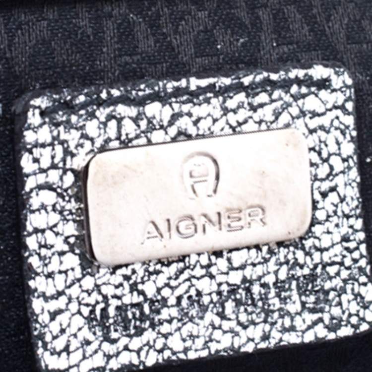 Pre Owned Aigner Metallic Silver  Faux Leather Studded Satchel